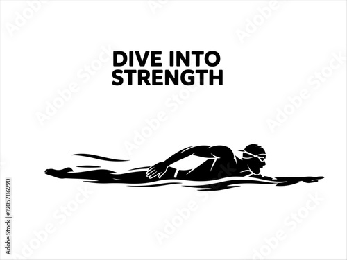 Silhouette of swimmer man in freestyle stroke, cap and goggles, dynamic water motion