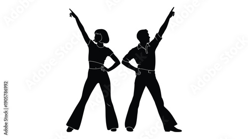 Two silhouettes dancing with arms raised in a celebratory pose Vector