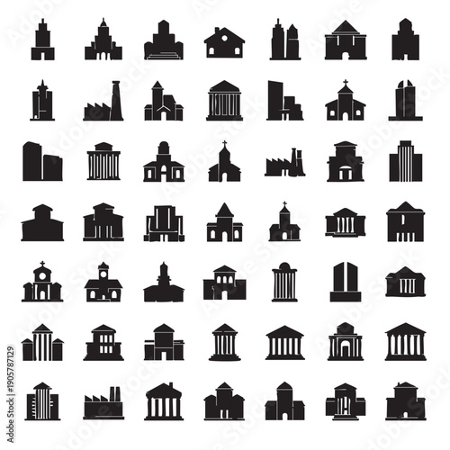 Architecture icons set featuring various building styles churches factories houses and government structures for mapping and infographic design professional minimalist silhouette vector illustration