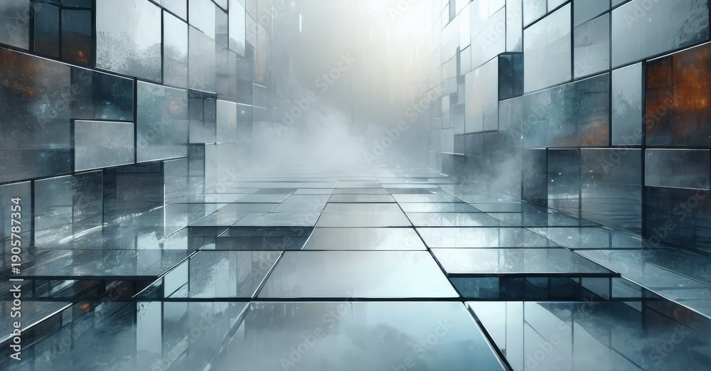 Obraz premium Futuristic corridor. Reflective surfaces create illusion, mist obscures distant view. Minimalist design, cool tones dominate space.