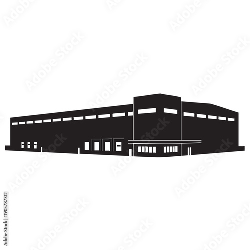 Industrial warehouse building silhouette illustration for logistics and supply chain storage facility design concepts on white background with loading docks and modern architectural construction