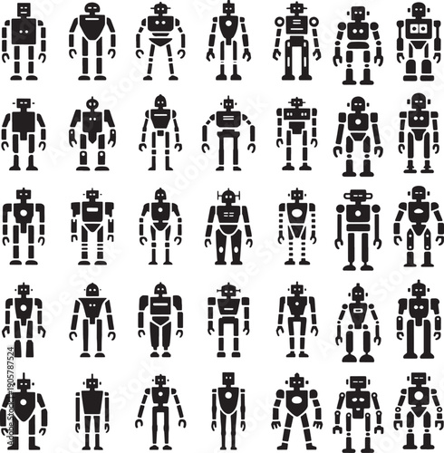 Collection of robot icons in various designs