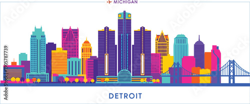 Detroit Michigan City Skyline Vector Illustration Featuring Renaissance Center and Ambassador Bridge in Vibrant Multicolored Flat Design for USA Travel Poster and Tourism Marketing