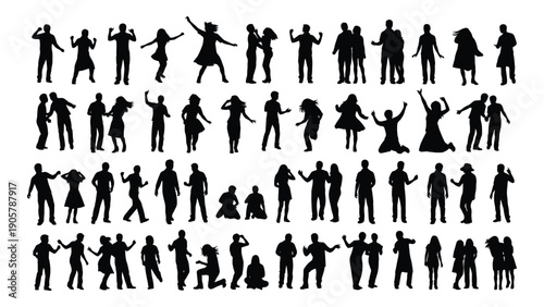 Diverse group of people in various poses and activities in silhouette Vector