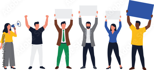 Diverse Activists and Protesters Set Holding Blank Signs and Using Megaphone for Social Justice Civil Rights Community Engagement and Public Demonstration Message Concepts