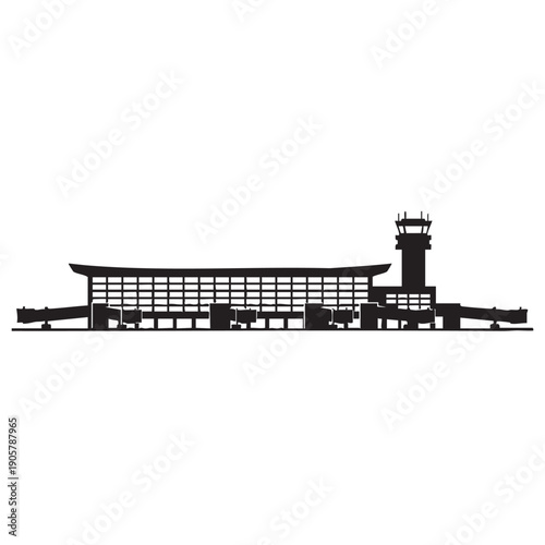 Airport terminal building silhouette with control tower and jet bridges black and white vector illustration depicting travel and transportation infrastructure on clear background