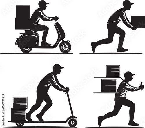 Delivery man delivering packages with scooter and on foot