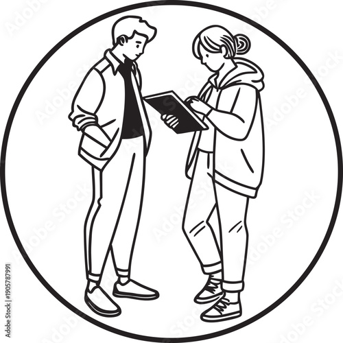 Students Discussing Notebook Study Line Art Vector Illustration