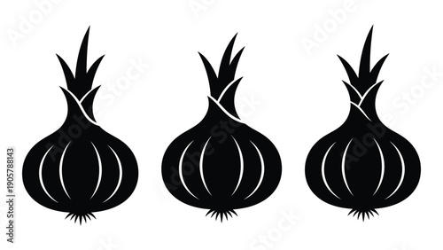 Three black and white illustrations of onions with pointed tops and layered interiors. Vector