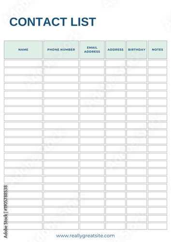 Contact list template form for organizing information