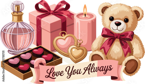 Valentine's day gifts including perfume, present box, candle, heart locket, and teddy bear