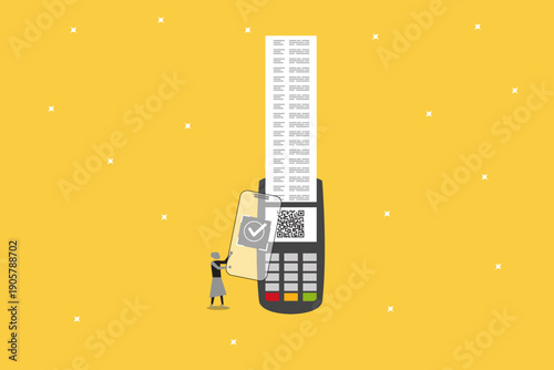 Business woman using a large smartphone to scan a QR code on a payment terminal. Modern mobile payment concept, digital wallet, and contactless technology