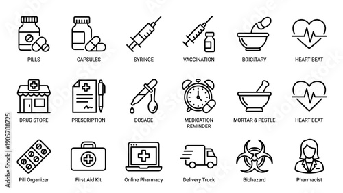 Professional Pharmacy and Medication Icon Set featuring Pills, Capsules, Syringe, Vaccination, Drug Store, Prescription, Dosage, Medication Reminder, First Aid Kit, Online Pharmacy, and Pharmacist.