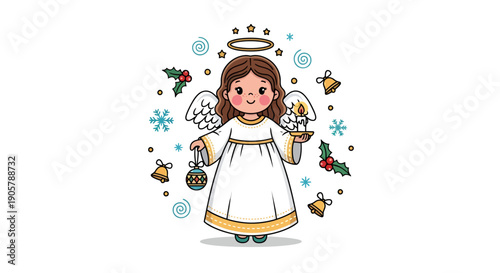 Festive cartoon angel with halo, candle and decoration, spreading holiday cheer and peace
