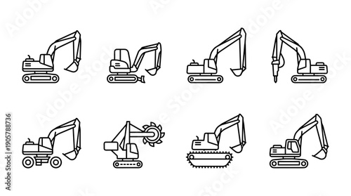 Vector Set of Heavy Machinery Excavator Line Icons in Minimalist Style Featuring Various Construction Equipment like Diggers, Jackhammers, and Trenchers on a Clean White Background for UI Design.