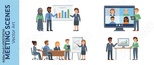 Vector illustration set of diverse business professionals in various meeting scenes, including office presentations, video conferences, team collaborations, and data analysis discussions.