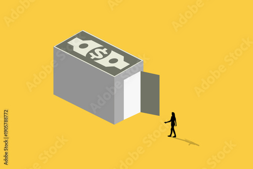 Business woman walking to large building shaped like a stack of dollar bills with an open door. Concept of banking, financial security, investment opportunities, money storage, and wealth management