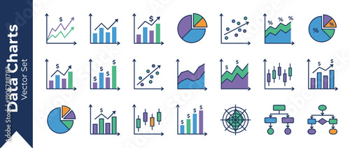 Comprehensive vector set of colorful data chart icons for business analytics and financial reporting, including bar graphs, line charts, pie charts, scatter plots, and candlestick diagrams.