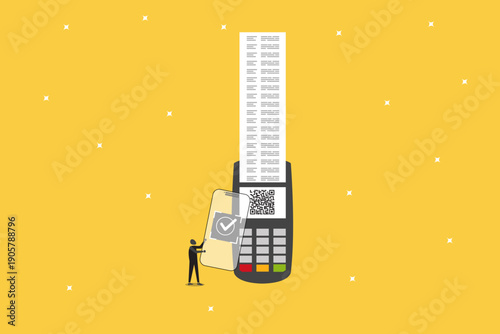 Businessman using a large smartphone to scan a QR code on a payment terminal. Modern mobile payment concept, digital wallet, and contactless technology