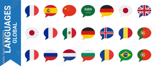 Collection of Speech Bubbles with National Flags Representing Global Languages for Translation, Education, and International Communication, Including France, Spain, China, Germany, and UK.
