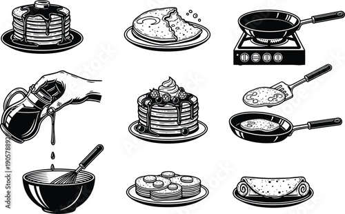 Pancake cooking set breakfast food frying pan syrup hand drawn vector illustration collection design