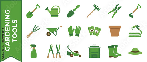Comprehensive Gardening Tools Icon Set with Green Flat Vector Illustrations of Shovel, Watering Can, Rake, Wheelbarrow, Lawnmower, Pruning Shears, Gloves, Boots, and Essential Garden Equipment.