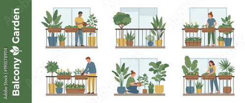 Flat vector illustration set of people gardening on apartment balconies. Men and women watering, planting, and caring for various green plants and flowers in pots on urban terraces.