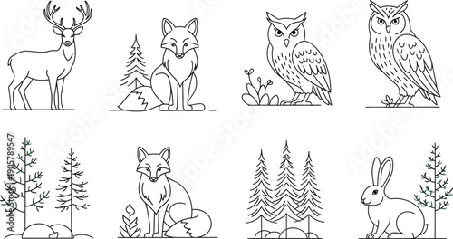 Collection of simple black outline icons featuring various woodland animals and coniferous trees for nature design projects