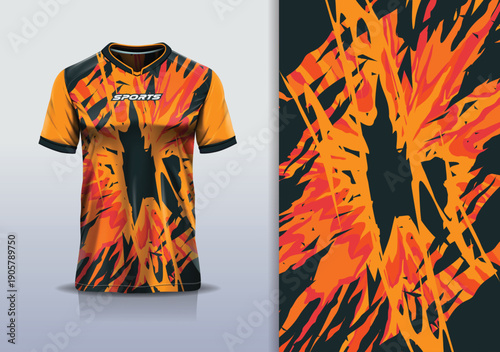 T-shirt mockup abstract texture grunge sport jersey design for football, soccer, racing, esports, running, red black orange color