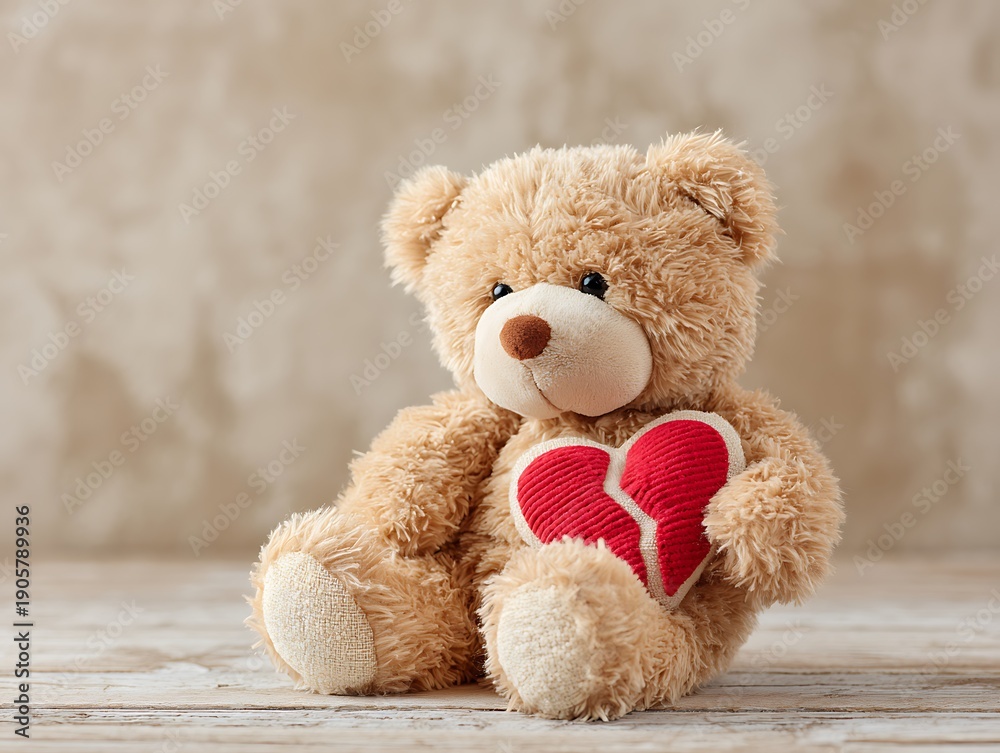Obraz premium Sad teddy bear holding a broken plush heart. Symbolizing heartbreak, emotional trauma, loneliness, and the need for mental health support or healing.