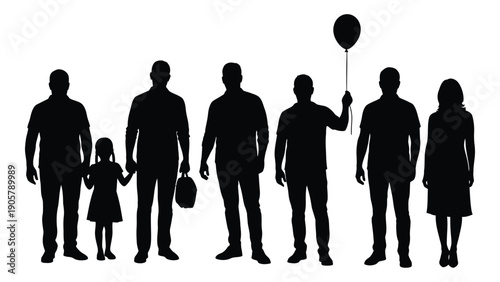 A diverse group of people standing together in silhouette with a child holding a balloon. Vector