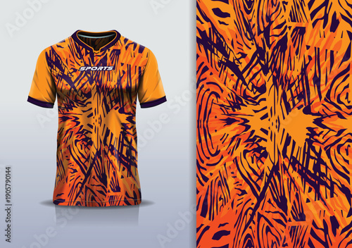 T-shirt mockup abstract texture grunge sport jersey design for football, soccer, racing, esports, running, red black orange color