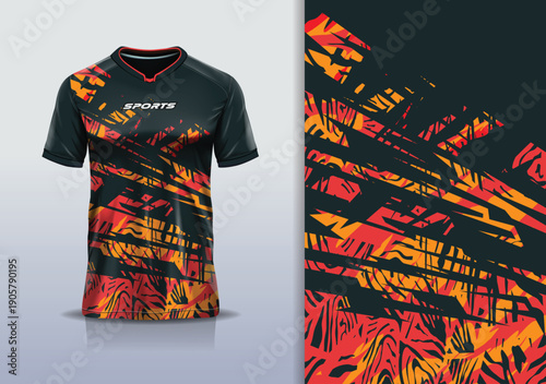 T-shirt mockup abstract texture grunge sport jersey design for football, soccer, racing, esports, running, red black orange color
