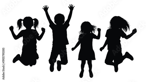Five joyful children jumping in the air with arms raised Vector