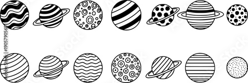 Black and white line art style illustration of stylized planets arrayed in two rows with different patterns and stripes
