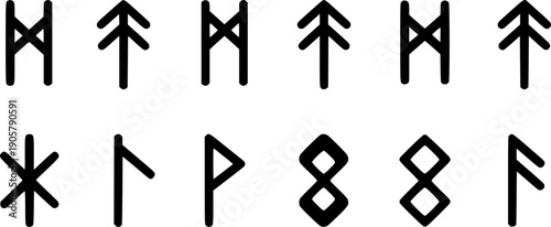 Flat design twelve black glyph symbols in two rows abstract rune icons high contrast minimalist graphic on white vector set arranged
