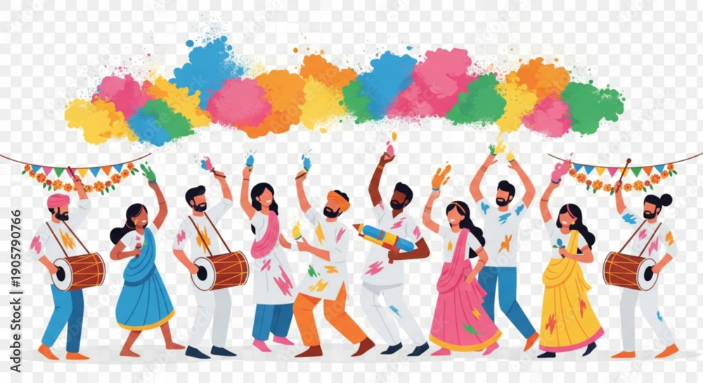 Fototapeta premium Diverse group of people celebrating Holi festival with colorful powder and music joyful outdoor event flat vector illustration for festive d