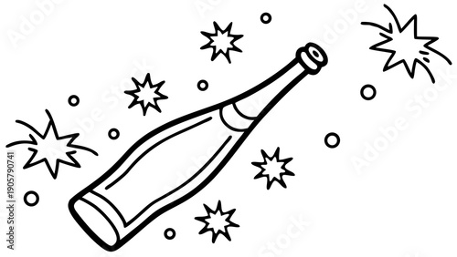 Outlined champagne bottle with stars and circles in a celebratory design on a white background on transparent background silhouette