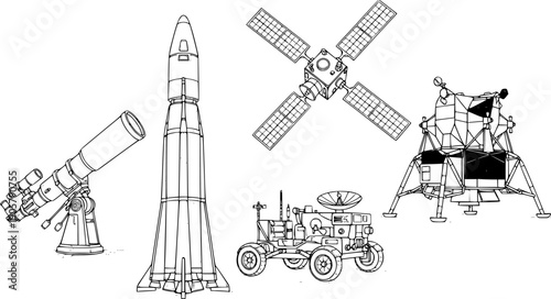 Detailed line art drawing of space exploration equipment including rocket, lunar module, rover, satellite, telescope with technical sketch style

