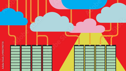 Colorful illustration of servers connected to clouds on a red and yellow background design on transparent background silhouette