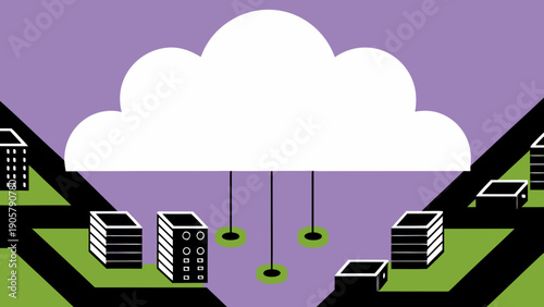 Illustration of a cloud above buildings connected by lines on a purple background design style on transparent background silhouette