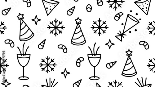 Seamless pattern with party hats, snowflakes, confetti, and wine glasses in black and white line art on transparent background silhouette