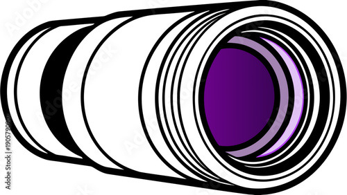 Illustration of a white cylindrical lens with a purple center and black rings around it on transparent background silhouette