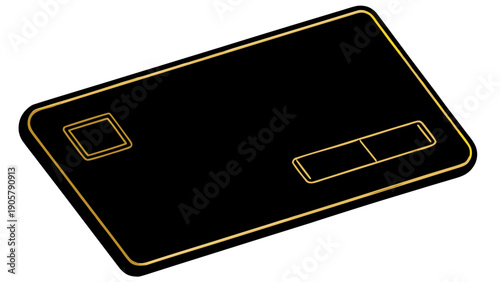A black credit card with a gold border and chip and pin pad is angled on a white background on transparent background silhouette