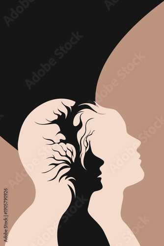 Timeless surreal dual profiles man woman inner child tree brain, overthinking thoughts memories, minimalist mental health psychology vector silhouette art