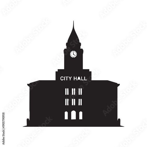 Classic city hall building silhouette with clock tower detailed architecture columns and arched windows for government municipal or historic landmark representation vector