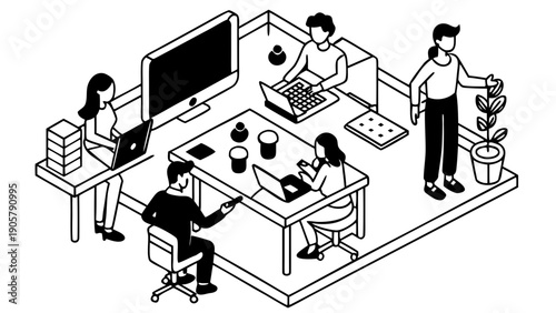 Isometric illustration of people working in an office with desks and computers and a plant pot on transparent background silhouette
