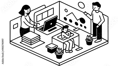 Isometric office scene showing three people working with computers charts and potted plants in black and white on transparent background silhouette