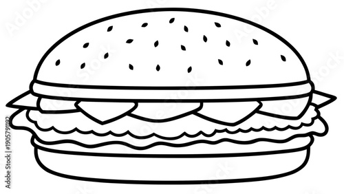 Illustration of a burger with sesame seeds on the bun and visible layers in black and white style on transparent background silhouette