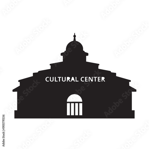 Black silhouette of cultural center building with dome roof and arched entrance representing museum library community hub art gallery and civic architecture for public events and creative exhibits
